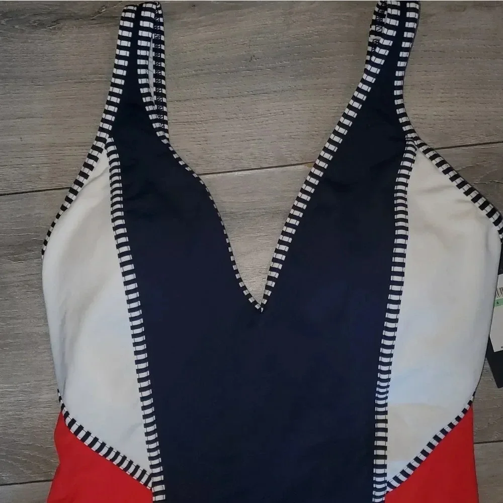 Tommy Hilfiger Womens Nomad Color Block V-Neck One Piece red navy white swimsuit